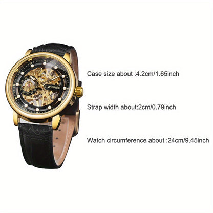 Men'S Luxury Mechanical Skeleton Watch with Golden-Tone Alloy Case & Faux Leather Strap - Mechanical Hand-Wind, World Time, Date Display, Elegant Fashion Accessory for Casual Attire, Mechanical Watch, Sophisticated Design, In
