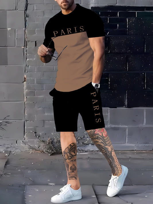 Men's Summer Casual Sportswear Set, Breathable 3D Print Crew Neck T-Shirt and Shorts, Polyester Knit Fabric, Slight Stretch, Regular Fit, Outdoor Leisure Wear