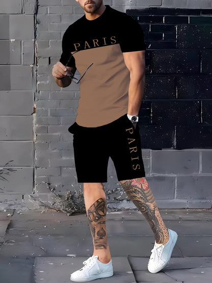 Men's Summer Casual Sportswear Set, Breathable 3D Print Crew Neck T-Shirt and Shorts, Polyester Knit Fabric, Slight Stretch, Regular Fit, Outdoor Leisure Wear