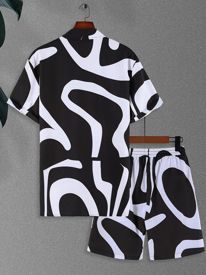 CONJUESS Men'S Summer Casual Short Sleeve Shirt and Shorts Set, Polyester 100%, Lapel Collar, Non-Stretch Woven Fabric, Irregular Striped Print, Regular Fit, 120g/m² - Green and White