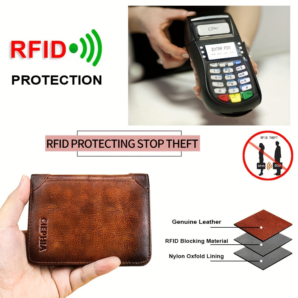 1pc CIEPHIA Vintage Genuine Leather RFID Blocking Wallet for Men - Slim, Multi-Functional ID & Credit Card Holder, Deep Brown with Embossed Logo, Ideal Gift for Valentine's Day