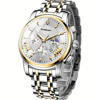BANBONY Automatic Quartz Watch for Men & Women - Stainless Steel Strap, Blue & Golden HD Large Dial, IPX7 Waterproof, Rhinestone Accents, Date Calendar, Luminous Hands - Casual Fashion Unisex Watch for Birthday Holiday Gifts,