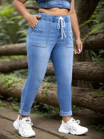 Plus Size Casual Jeans, Women's Plus Washed Elastic Drawstring High Rise High Stretch Jeans