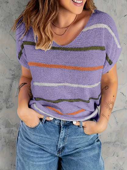 Women'S Casual Spring/Summer Striped T-Shirt - Short Sleeve Pullover with V-Neck, Side Stripes, and "LOVE" Graphic, Lightweight Knit Top for Casual Attire, Casual Wear | Graphic Tee | Knit Texture