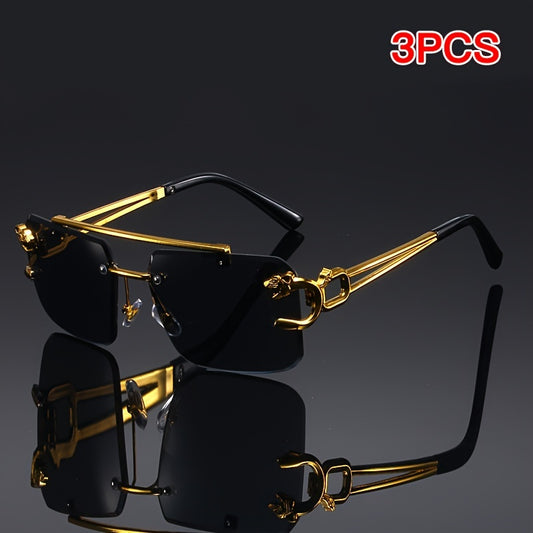 3pcs Retro Golden Fashion Frameless Fashion Glasses with Cool Tiger Design, Anti-Reflective PC Lenses for Men and Women, Ideal for Parties and Travel