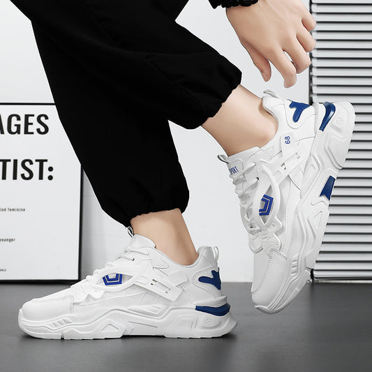 Men's White & Blue Geometric Accent Casual Sneakers - Low-Top Lace-Up Breathable PU Upper, Cushioned EVA Insole & Durable Rubber Sole for All-Season Casual Attire, Shoes Sneakers, Allseason Footwear, Sleek Shoe Design, Fabric