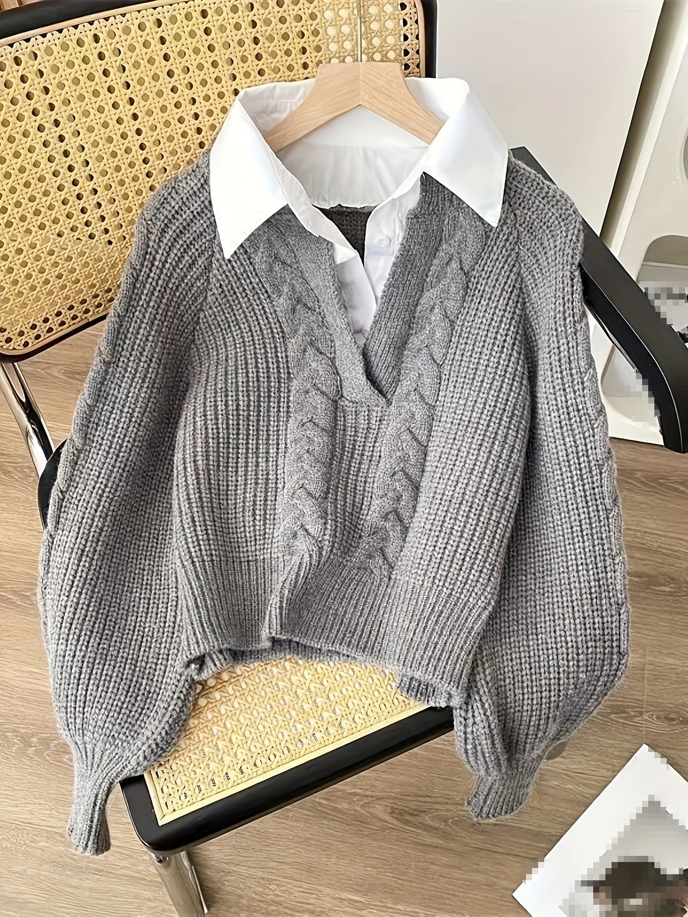 2 In 1 Contrast Color Collared Sweater, Chic Cable Knit Long Sleeve Polo Sweater For Fall & Winter, Women's Clothing