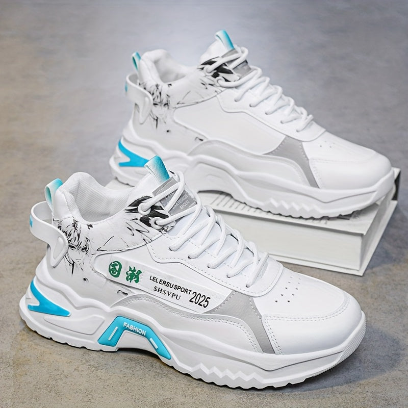 Men's Sneakers - Thick Platform Cushioned Sole, Lace-Up Closure, PU Upper & Non-Slip PVC Outsole - All-Season Gym, Casual, Everyday Sneakers - Black/White Colorway - Affordable Men's Footwear, Casual Walking, Trendy Kicks, Co