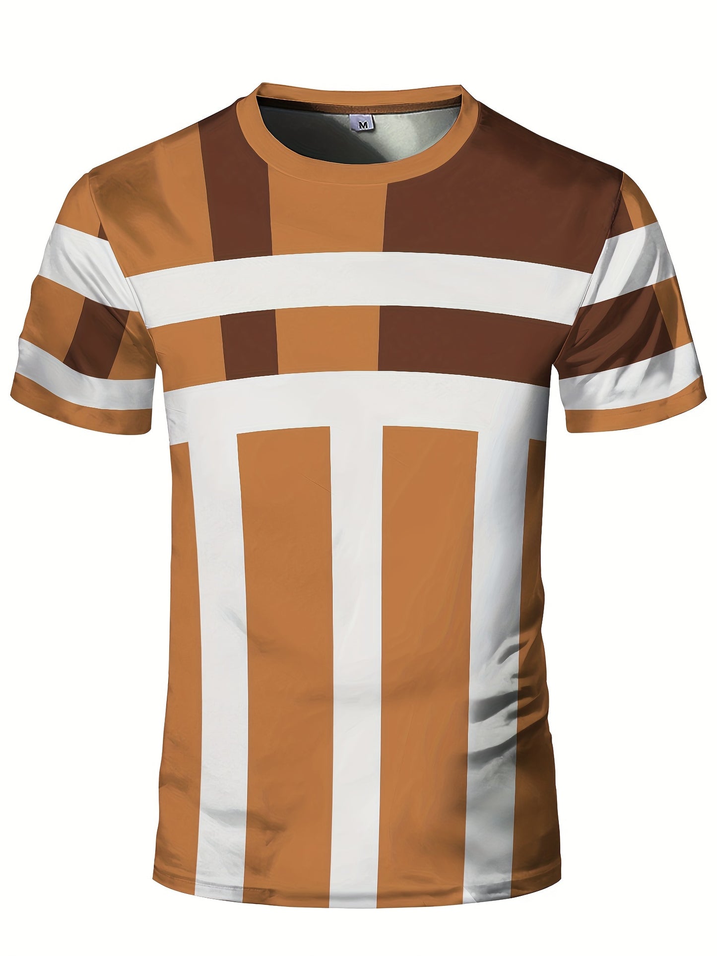 Striped Patchwork Design Pattern Print, Men'S Sports Fashion, Geometric Print High Elasticity Tight Fit Short Sleeved Round Neck T-Shirt, Summer Fitness, Training And Fitness Wear Quick Drying Sports Top with Coolness
