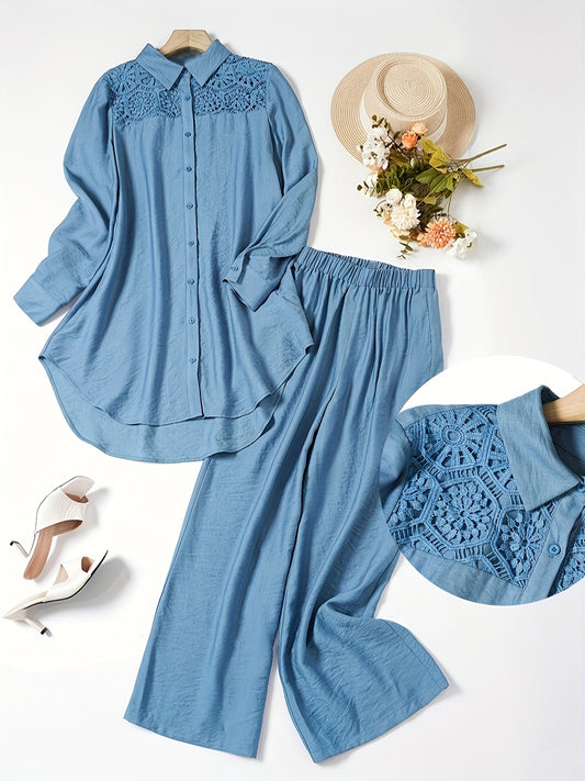 Two-Piece Women'S Solid Color Long Sleeve Shirt and Pants, Minimalist Everyday Casual Fashion Set [NS702], Polyester, Contrast Lace Detail, Elegant Style, for Spring/Summer