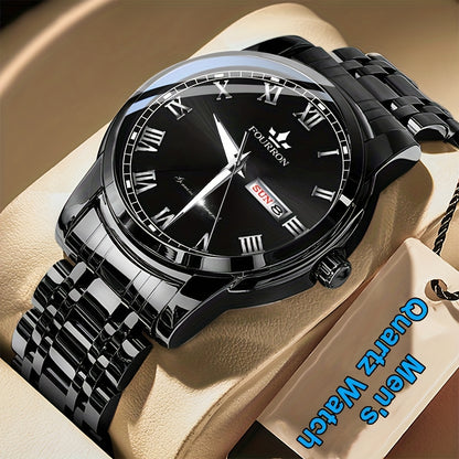 FOURRON Men'S Quartz Watch - Stainless Steel Band, Roman Numerals, Luminous, Waterproof, Ideal for Birthday & Holiday Gifts