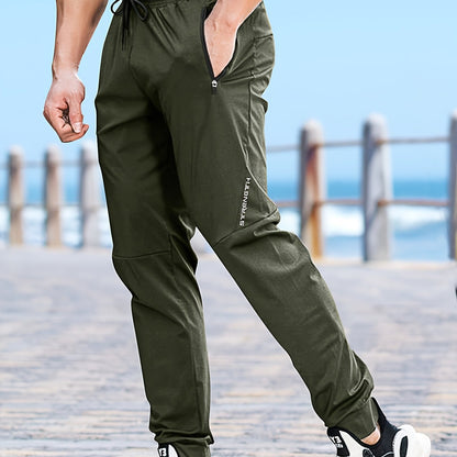 Men's Casual Athletic Pants - Stretch Polyester, Side Zipper Detail, Drawstring Waist, Green Joggers with Pockets for Sports & Leisure