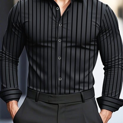 Men's Slim-Fit Striped Long Sleeve Shirt - Polyester, Machine Washable, Business Casual Style for Spring/Fall, 1856 Print, Hexagon Collar