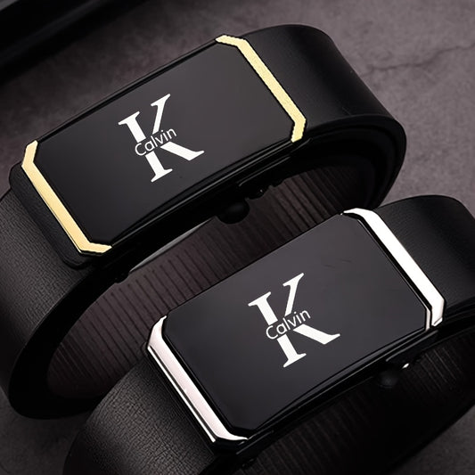 K-Letter Calvin Men'S Automatic Buckle Belt - Adjustable Faux Leather with Golden-Tone Metal Accents, Durable Casual & Formal Accessory for Jeans, Dresses - Ideal Christmas Gift, Belt for Dress, Dress Belt, Modern Belt, Quali