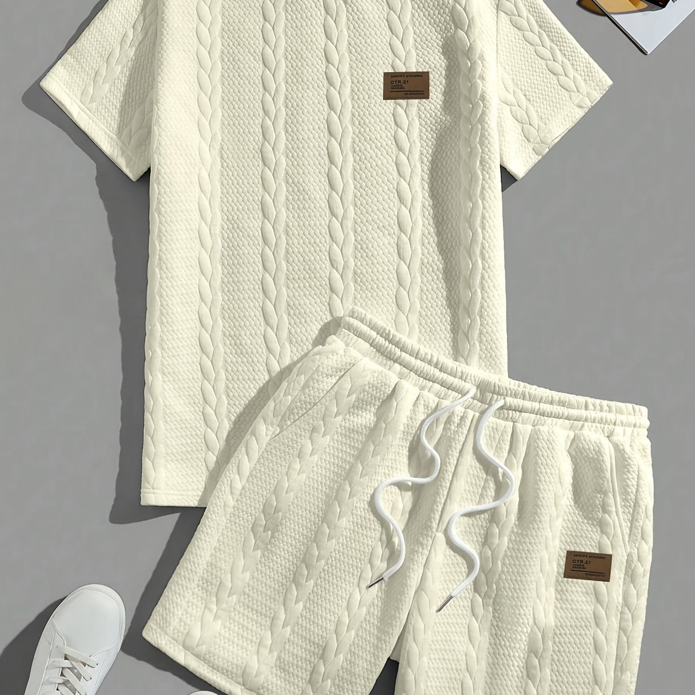 Casual Crew Neck Short Sleeve T-Shirt & Drawstring Shorts - Brown, Summer Outfit