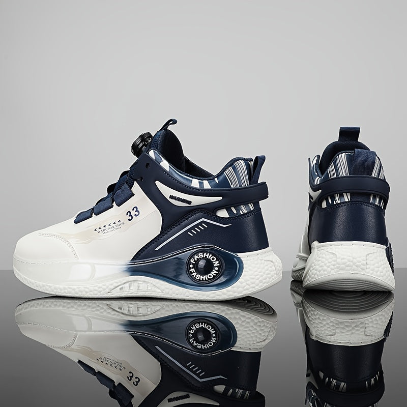 [Athletic Performance] Men's Breathable Casual Sneakers - Stylish Loafers with Rotating Buckle, Navy Blue & White Design, Comfortable PU Upper & PVC Sole for Casual Attire, Running, and Outdoor Activities