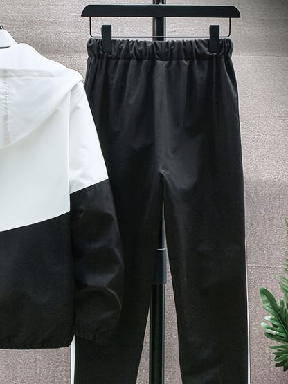 Men's Spring Autumn Outdoor Sports Training Casual Color Block Stitched Hoodie Adjustable Set Home Top and Pants Fashionable Windproof Jacket Pants Two-Piece Suit