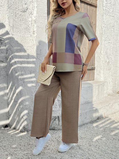 Elegant Patchwork Women'S Fashion Suit - Short Sleeve, Crew Neck, Polyester, Spring/Summer Collection, Casual Attire|Modern Casualwear|Polyester Fabric