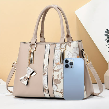 Chic Floral Print Handbag for Wo - Spacious 3-Layer Design with Pockets, Zip Closure, Durable PU Material - Available in Khaki, Cream, Green, Blue, Black
