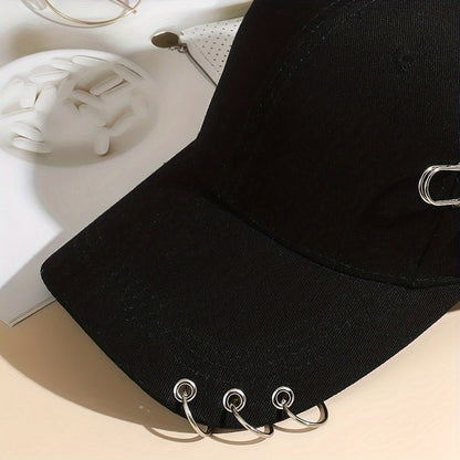 Adjustable Black Polyester Baseball Cap for Women - Trendy Korean Style with Heart & Star Pin, Versatile Fashion Accessory for Spring/Summer, Baseball Cap