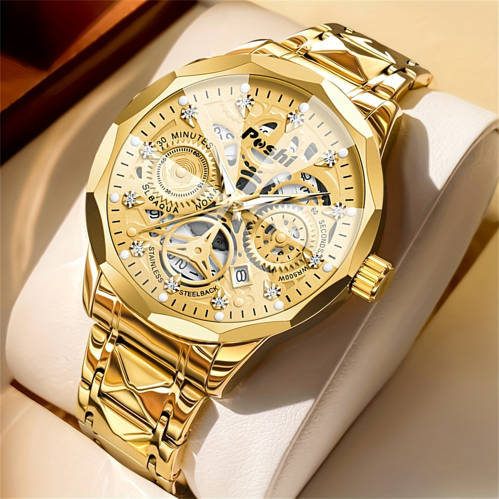 POSHI Men's Luxury Golden-Tone Quartz Watch with Rhinestone Accents, Luminous Waterproof Design, Calendar Feature, and Stylish Hexagonal Hands - Perfect Business Gift for Men, Formal Timepiece
