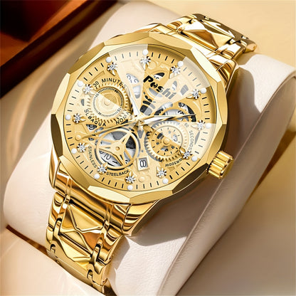POSHI Men's Luxury Golden-Tone Quartz Watch with Rhinestone Accents, Luminous Waterproof Design, Calendar Feature, and Stylish Hexagonal Hands - Perfect Business Gift for Men, Formal Timepiece