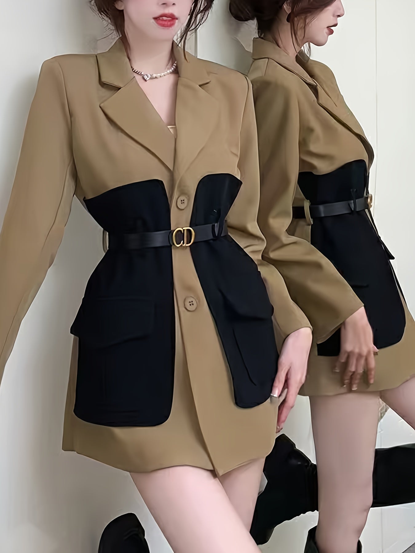 Կանացի էլեգանտ Midi Blazer, միաձույլ գույնի պոլիեսթեր 100% երկարաթև բաճկոն գոտիով դետալներով, X-Contour միայնակ կրծքով վերարկու, գարուն/ամառ նորաձև վերարկու