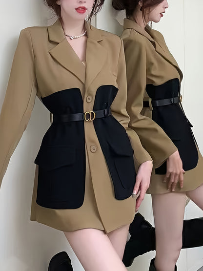 Կանացի էլեգանտ Midi Blazer, միաձույլ գույնի պոլիեսթեր 100% երկարաթև բաճկոն գոտիով դետալներով, X-Contour միայնակ կրծքով վերարկու, գարուն/ամառ նորաձև վերարկու
