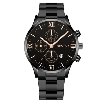 1pc Men's Stylish Black Quartz Watch with Stainless Steel Band - Elegant Roman Numerals, Date Display, and Golden Accents - Perfect Gift for Christmas, Thanksgiving, Valentine's Day - Ideal for Him or Family, Date Feature Wat