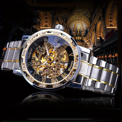 Fashion Classic Roma Watch Men Luxury Golden Skeleton Mechanical Hand Watches Casual Business Wristwatches Men Blue & Golden Accents, Casual Yet Versatile, Best Seller, Ideal Gift, Mechanical Movement, Watch Accessories, With