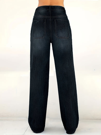 Women'S Elastic Mid -Waist Straight Jeans, Loose And Stylish Wide -Leg Casual Pants, Multi -Pocket Black Water Washing Jeans, Comfortable Version, Four Seasons Can Be Worn