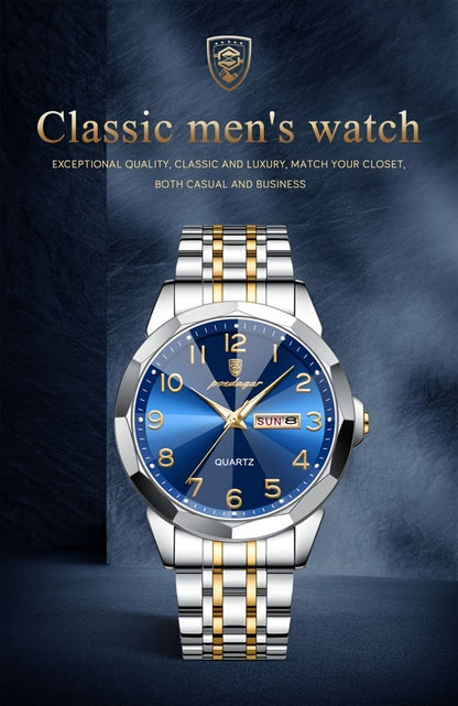 1pc BINBOND Men'S Fashion Watch, Luxury Dual Calendar Quartz Wristwatch, Business Style, Round Alloy Case, Stainless Steel Strap, Water-Resistant, Luminous Pointer Display, Battery Powered, Perfect for Valentine's, Christmas,