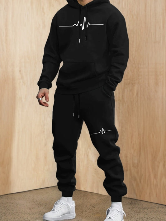 1set Men'S Casual Geometric Heartbeat Pattern Hoodie and Sweatpants Set, Polyester and Spandex Blend, Loose Fit, Hooded Pullover for Autumn/Winter