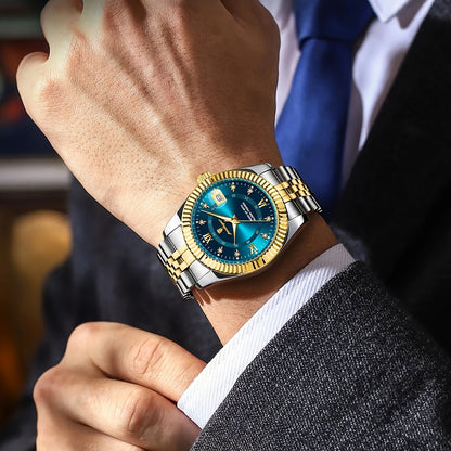 POEDAGAR Luxury Men'S Quartz Watch - Waterproof, Luminous, Stainless Steel Band, Blue & Golden Accents, Date & Week Display, Casual Elegant Timepiece with Backpack Clasp