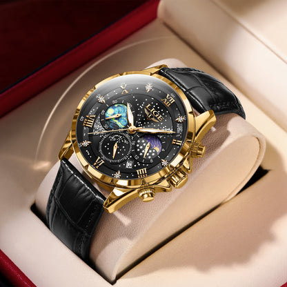 LIGE Luxury Quartz Chronograph Watch with Luminous Hands - Elegant Round Alloy Case, Blue Dial with Roman Numerals, Starry Night Design, Button Battery, Faux Leather Strap, Stylish Accessory|Starry Night Design|Luminous Hands