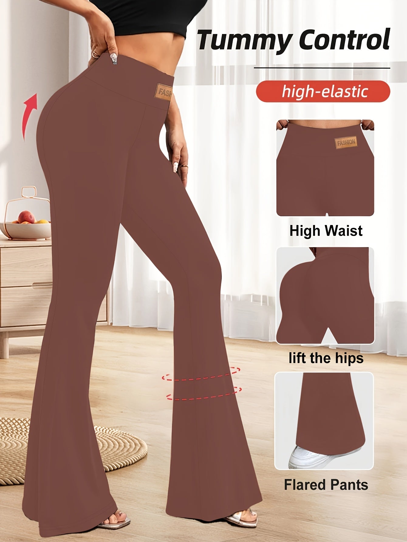High-Waisted Flared Leggings for Women - Stretchy Black Polyester Pants with Tummy Control, Slimming Fit, and Breathable Design for Spring/Summer/Fall Casual Wear, Spring Summer Leggings | Fitted Leggings | Elastic Waistband