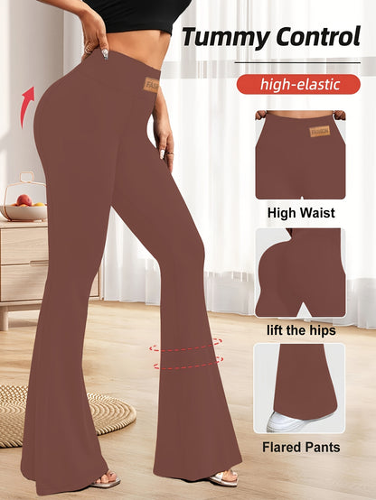 High-Waisted Flared Leggings for Women - Stretchy Black Polyester Pants with Tummy Control, Slimming Fit, and Breathable Design for Spring/Summer/Fall Casual Wear, Spring Summer Leggings | Fitted Leggings | Elastic Waistband