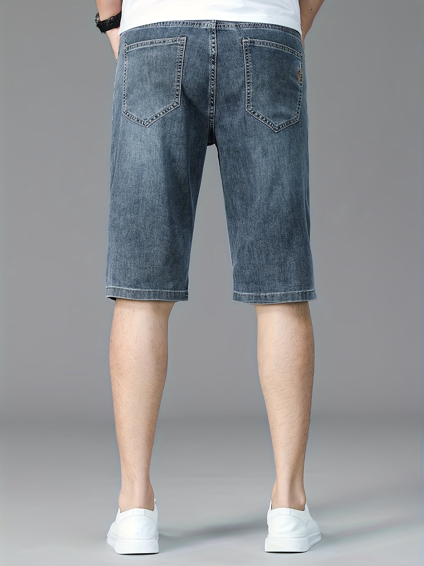 Men's Slim-Fit Denim Shorts - Casual Business Style, Mid-Waist, Stretch Fabric, Knee-Length with Pockets