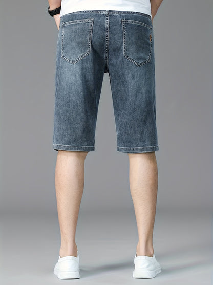Men's Slim-Fit Denim Shorts - Casual Business Style, Mid-Waist, Stretch Fabric, Knee-Length with Pockets