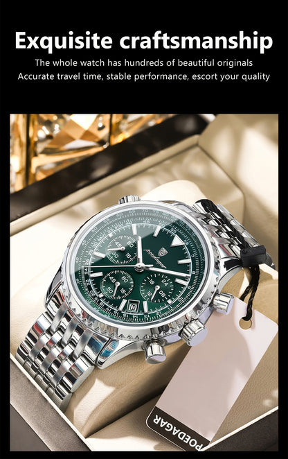 POEDAGAR Luxury Men's Quartz Watch -, Luminous Chronograph with Date Function, Stainless Steel Band & Zinc Alloy Case