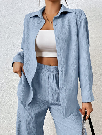2pcs Women Spring & Autumn Casual Solid Color Long Sleeve Shirt And Pants Set