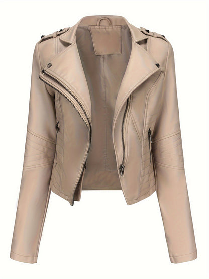 Women'S Casual Faux Leather Jacket, Solid Color, Long Sleeve, Regular Length, Fall/Winter, Zipper Placket, Woven, Non-Stretch Fabric, 100% Polyurethane, Lapel Collar, Dipped Hem Detail