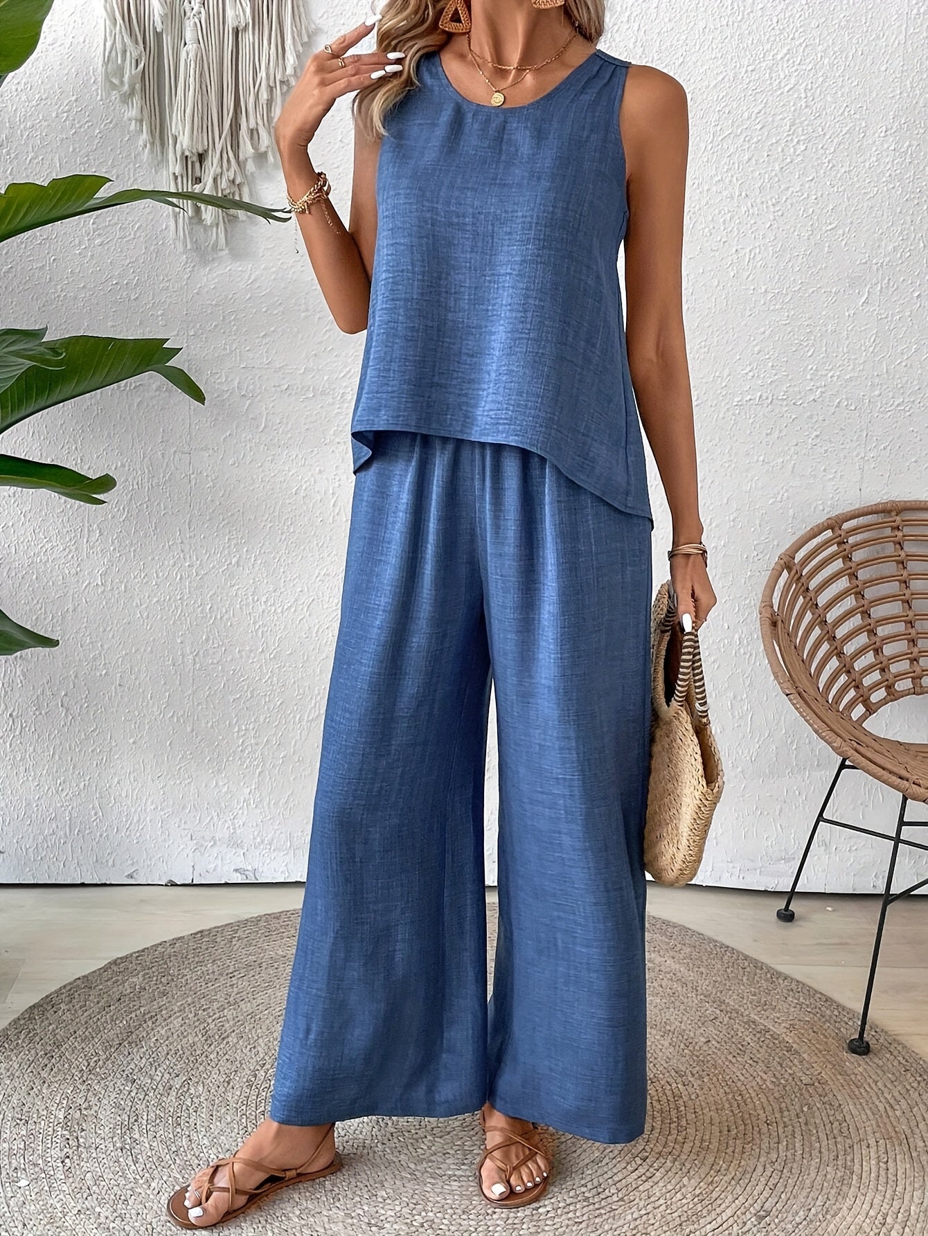 Women'S Summer Backless Cut-Out Panel Tank Top + Wide Leg Pants Set - Casual, Simple, Sleeveless, Polyester, Light Beige, Perfect for Spring/Summer, Casual Attire|Backless Top|Polyester Fabri