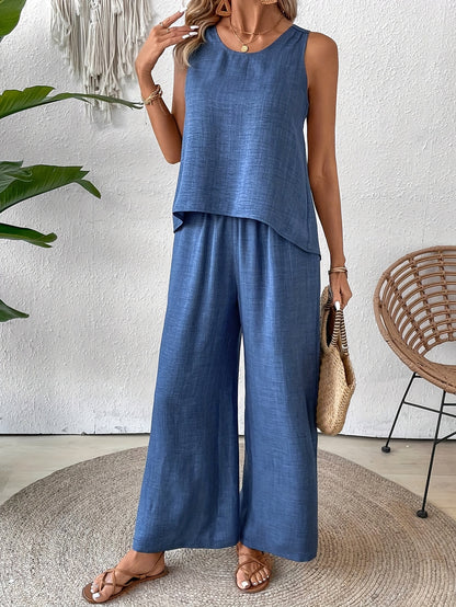 Women'S Summer Backless Cut-Out Panel Tank Top + Wide Leg Pants Set - Casual, Simple, Sleeveless, Polyester, Light Beige, Perfect for Spring/Summer, Casual Attire|Backless Top|Polyester Fabri