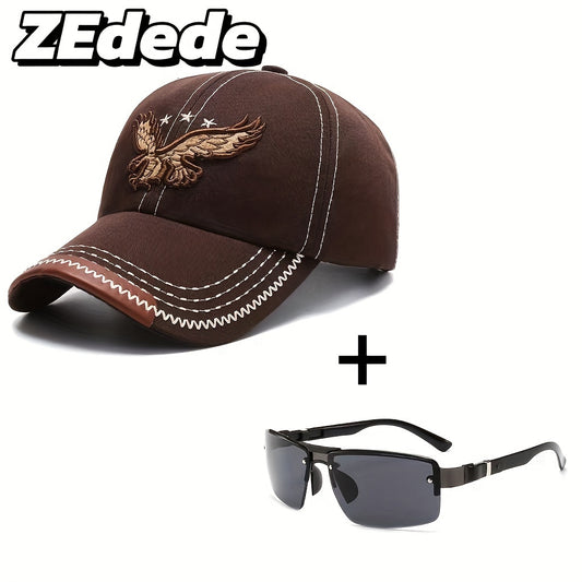 2pcs ZDEDE 3D Eagle Embroidered Baseball Cap - Stylish & Durable Adjustable Snapback Hat with Faux Leather Patch, Black Polyester for Outdoor Sports & Casual Wear - Perfect for Men & Women