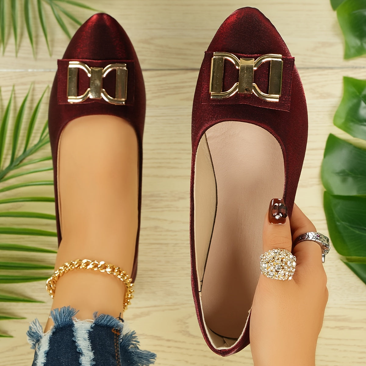 Women's Elegant Red Slip-On Flats with Golden Double Buckle Design - Comfortable Faux Cover Shoes for All Seasons, Pointed Toe Rubber Sole, Perfect for Casual or Dressy Occasions, Dressy Flats | Buckle Embellished Shoes | Lux