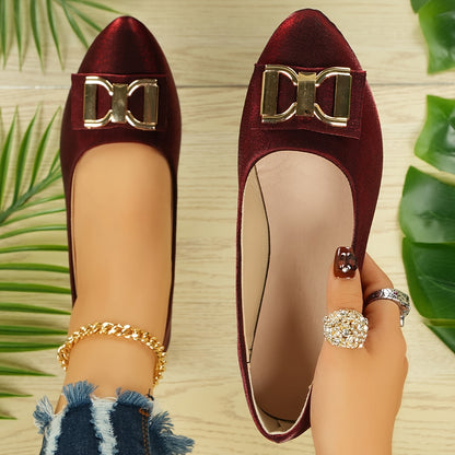 Women's Elegant Red Slip-On Flats with Golden Double Buckle Design - Comfortable Faux Cover Shoes for All Seasons, Pointed Toe Rubber Sole, Perfect for Casual or Dressy Occasions, Dressy Flats | Buckle Embellished Shoes | Lux