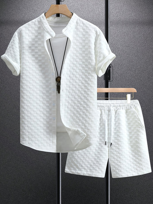 Men's Set Shirt Short Sleeve Shorts Thick Solid Color Knit Jacquard Casual Comfort High-Quality Two-Piece Set