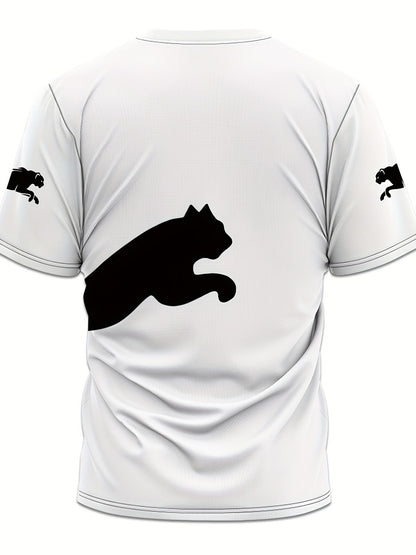 Men's 3D Print Cat Graphic T-Shirt - Casual Short Sleeve Summer Tee with Black & White Contrast Design, Breathable Round Neck Top for Outdoor Activities, Machine Washable, Relaxed Fit Shirt, Durable Fabric, Detailed Print Qua