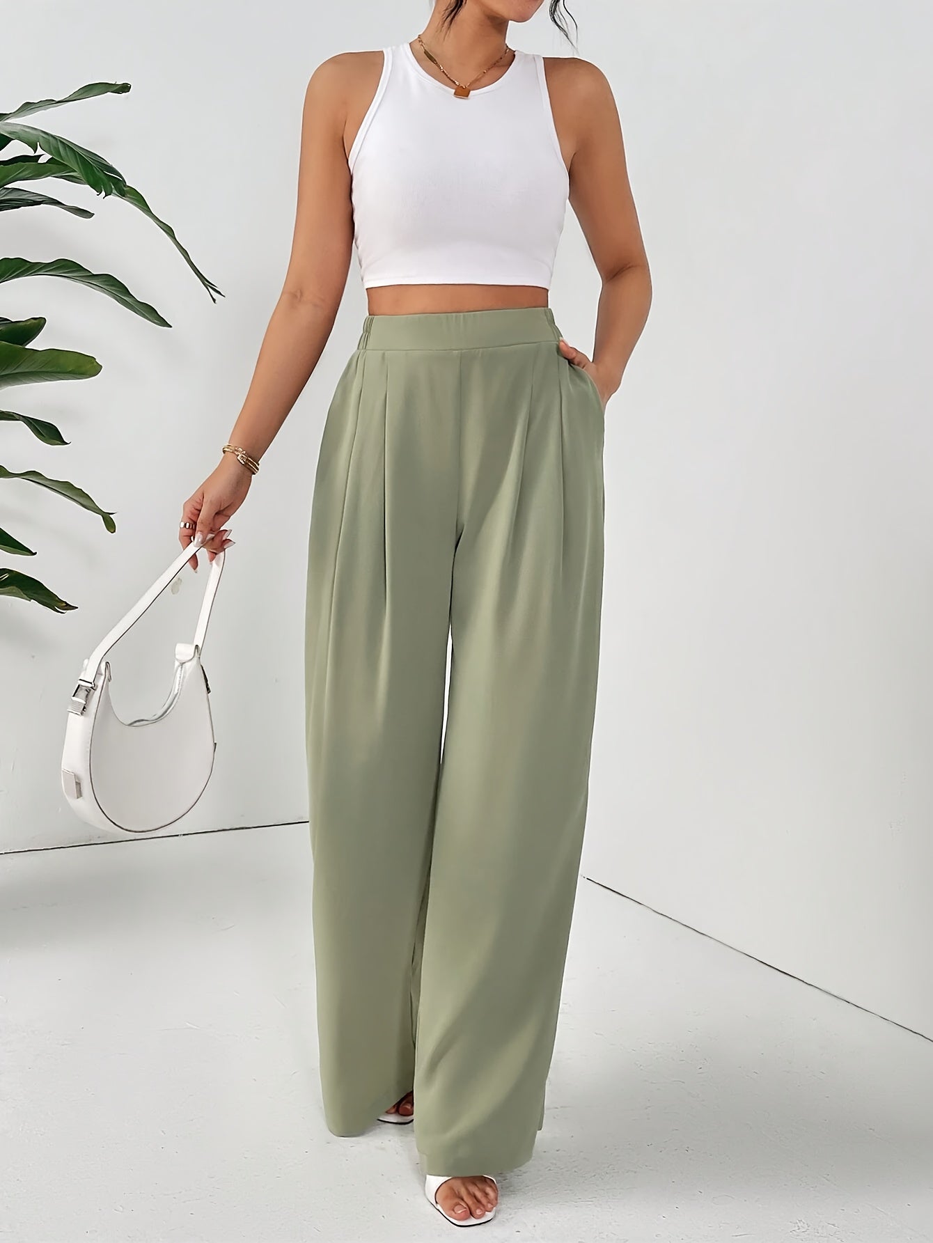 Women'S Elegant Wide Leg Pants - Beige Loose Fit with Elastic Waist, Comfortable Polyester Fabric for Spring/Summer Vacations, Casual Chic Style